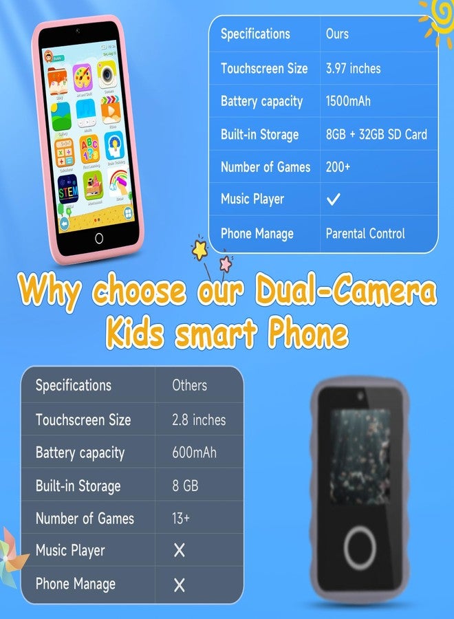 MINIBEAR Kids Toy Smartphone, 3.97" Toddler Dual Camera Learning Toys, 201+ Educational Games Play Phone No WiFi for Girls Boys 3-12 Christmas Birthday Gifts with 32g SD Card (Pink) - Image 3